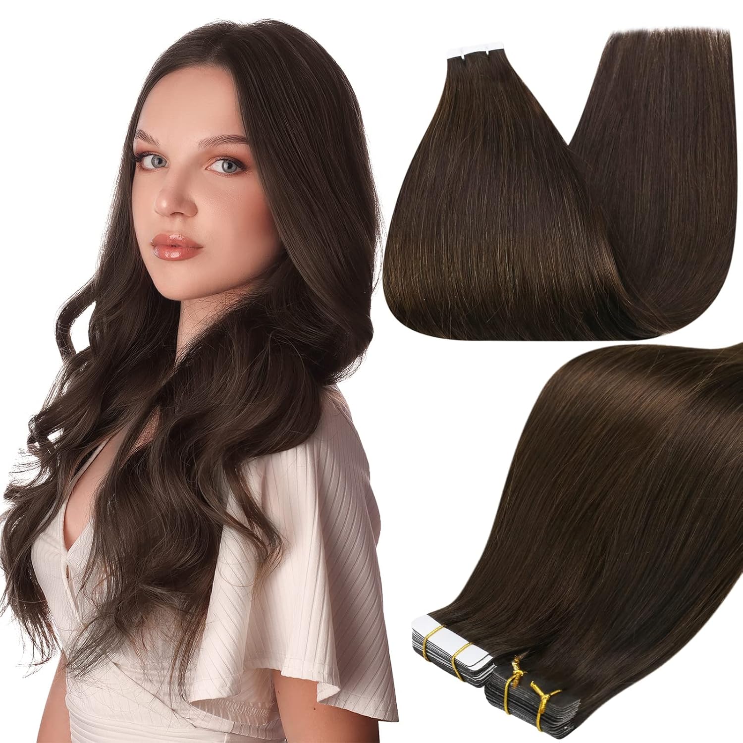 AngelBella Tape In Hair Extensions Human Hair, dark color, 50g 20pcs, Skin Weft Seamless Invisible, Silky Straight with Thick Ends, European oned onor raw hair