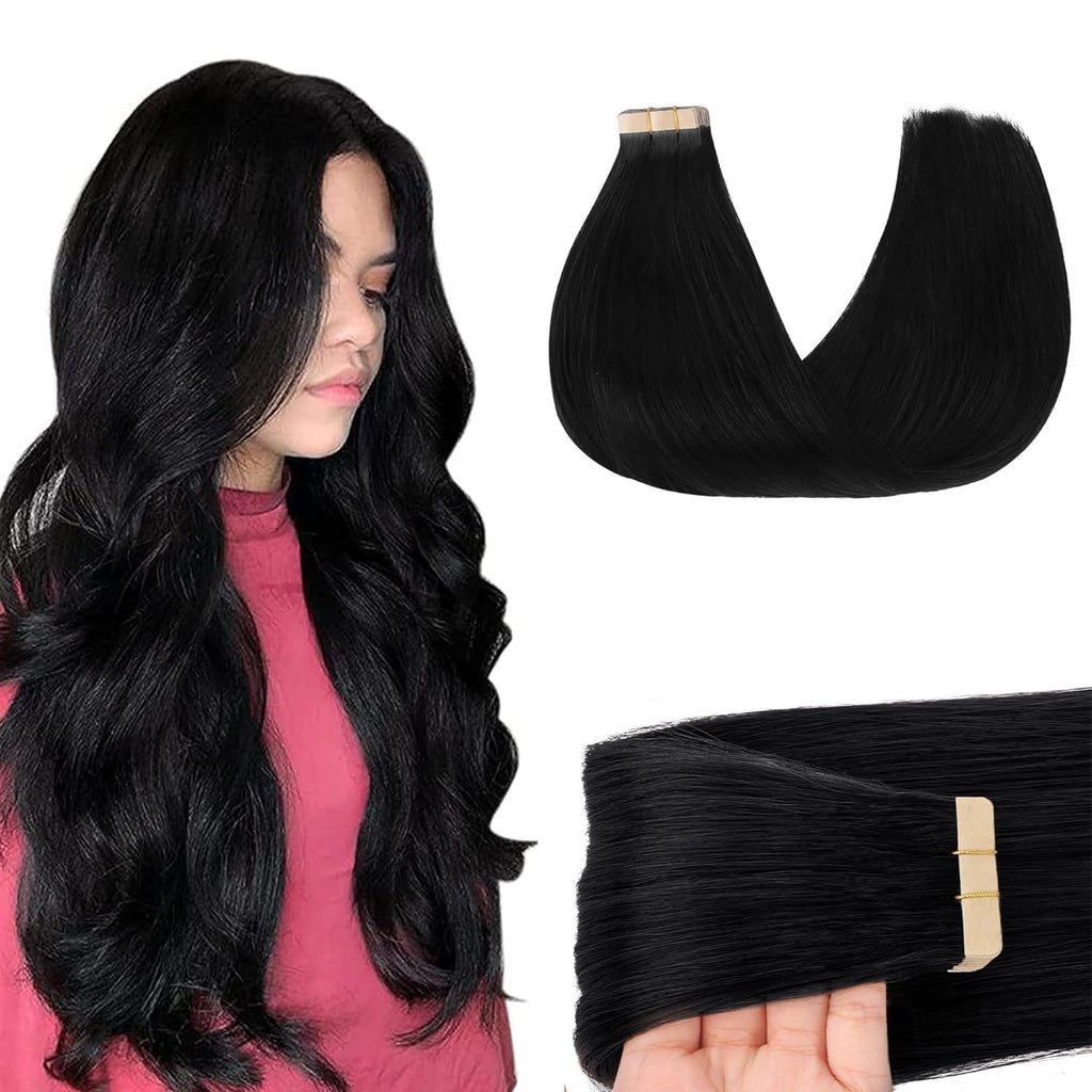 AngelBella Tape In Hair Extensions Human Hair, dark color, 50g 20pcs, Skin Weft Seamless Invisible, Silky Straight with Thick Ends, European oned onor raw hair