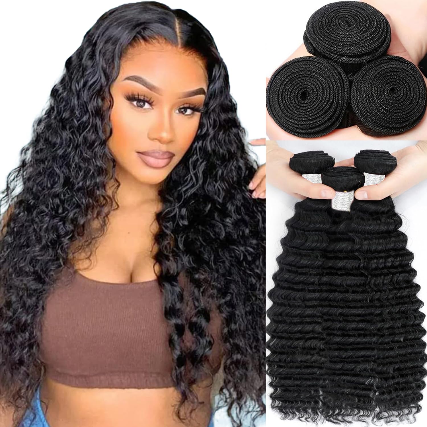 AngelBella Brazilian Deep Wave Human Hair Bundles 12-32 Inch 100% Unprocessed Brazilian Virgin Human Hair Weave Bundles Curly Wave Hair Extensions Natural Color