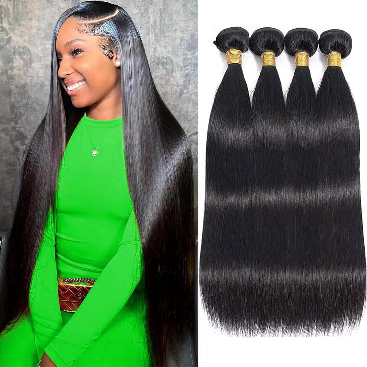 AngelBella Human Hair Bundles 12-32 Inch Straight Bundles Human Hair 100% Unprocessed Brazilian Remy Virgin Hair Extensions Raw Quick Weave Sew In Glossy Billion Hair Bundles Natural Black