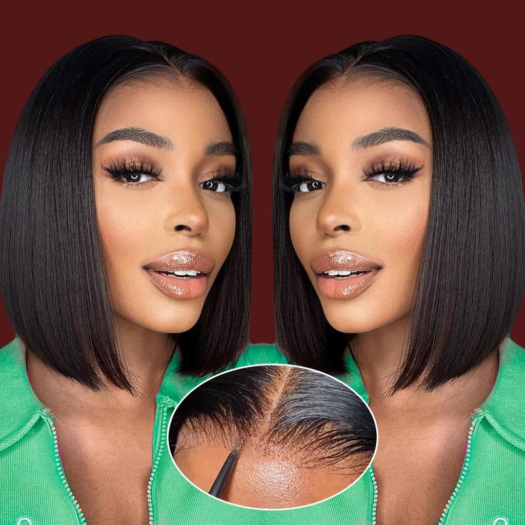 Bob Wig Human Hair Glueless Wigs Human Hair Pre Plucked Pre Cut 4x4 HD Lace Front Glueless Wigs Human Hair 180% Density Short Straight Bob Wigs for Black Women 10-18 inch