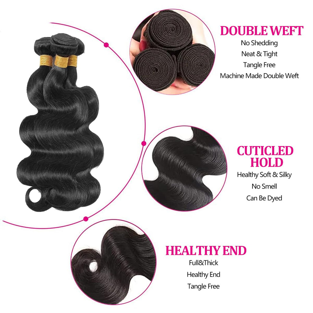Body Wave Bundles Human Hair 12 14 16 18 20 22 24 26 30 32 40 Inch Human Hair Bundle 100% Unprocessed Brazilian Virgin Hair Bundles Human Hair Extensions for Black Women Natural Color