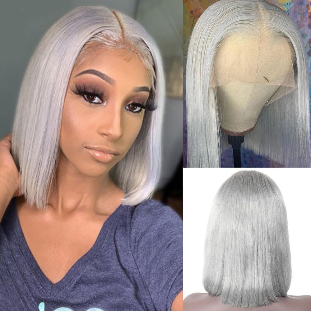 AngelBella Grey Bob Wigs Human Hair 13x4 Lace Front Wigs Glueless Brazilian Remy Hair Straight for Women 10-16 Inch Pre Plucked Natural Hairline 180% Density Grey Transparent Lace Frontal Short Bob Wigs