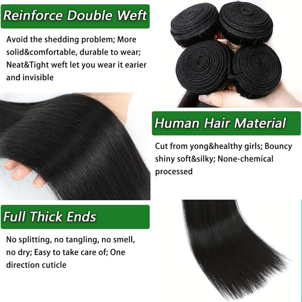 AngelBella Human Hair Bundles 12-32 Inch Straight Bundles Human Hair 100% Unprocessed Brazilian Remy Virgin Hair Extensions Raw Quick Weave Sew In Glossy Billion Hair Bundles Natural Black