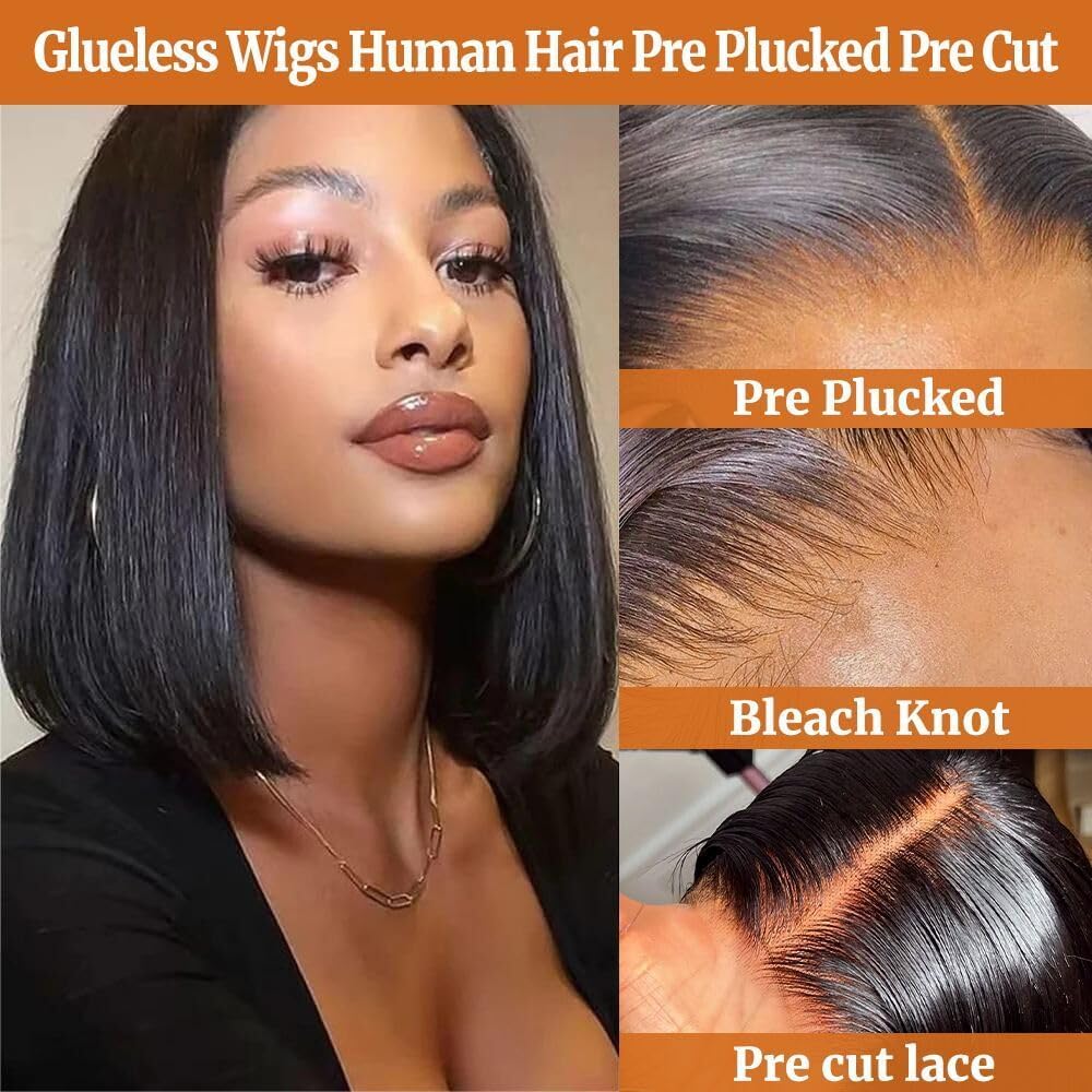 Bob Wig Human Hair Glueless Wigs Human Hair Pre Plucked Pre Cut 4x4 HD Lace Front Glueless Wigs Human Hair 180% Density Short Straight Bob Wigs for Black Women 10-18 inch