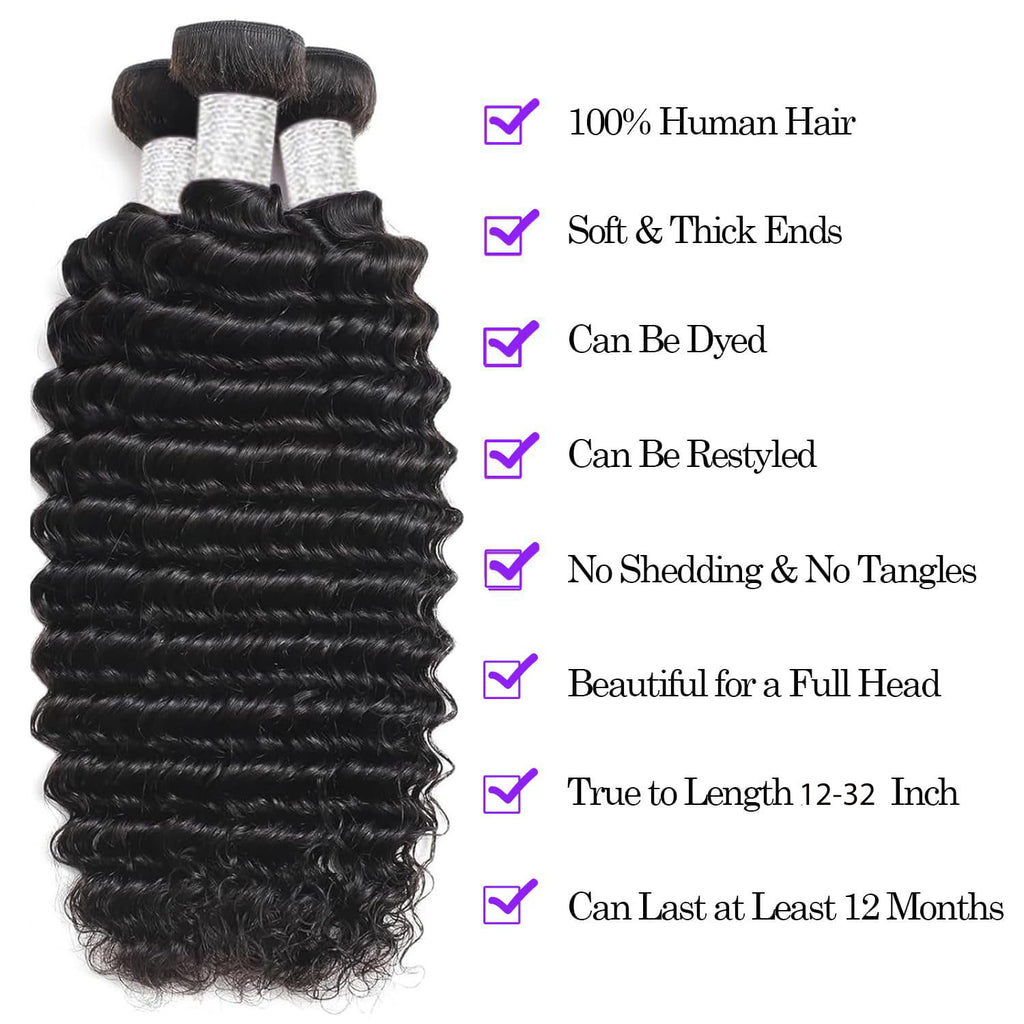 AngelBella Brazilian Deep Wave Human Hair Bundles 12-32 Inch 100% Unprocessed Brazilian Virgin Human Hair Weave Bundles Curly Wave Hair Extensions Natural Color