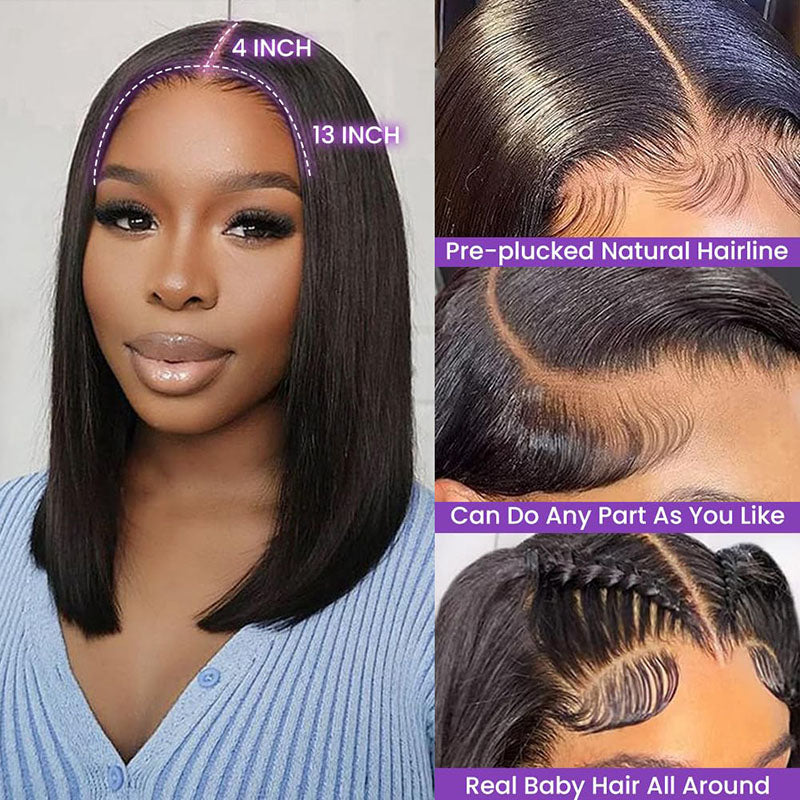 Bob Wig Human Hair 13X4 Lace Front Wigs Human hair 150% Density Short Straight Frontal Bob Wig Transparent Lace Frontal wigs Pre Plucked for Women Glueless Wigs With Baby Hair Natural black 10-18 Inch