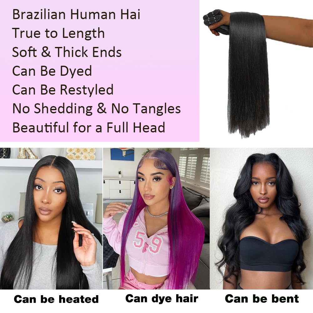 Angelbella Human Hair Bundles 8-40 Inch Straight Human Hair Extensions Unprocessed Brazilian Hair Bundles Quick Weave Natural Black