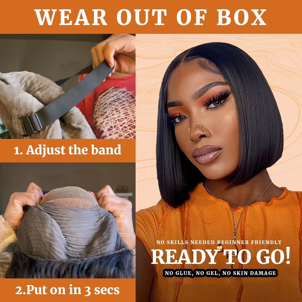Bob Wig Human Hair Glueless Wigs Human Hair Pre Plucked Pre Cut 4x4 HD Lace Front Glueless Wigs Human Hair 180% Density Short Straight Bob Wigs for Black Women 10-18 inch