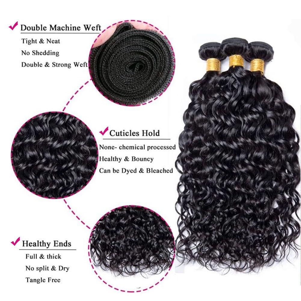 Angelbella 12-40 Inch Water Wave Human Hair Bundles 100% Unprocessed Curly Brazilian Virgin Hair Wet And Wavy Bundles Human Hair Extensions Natural Black