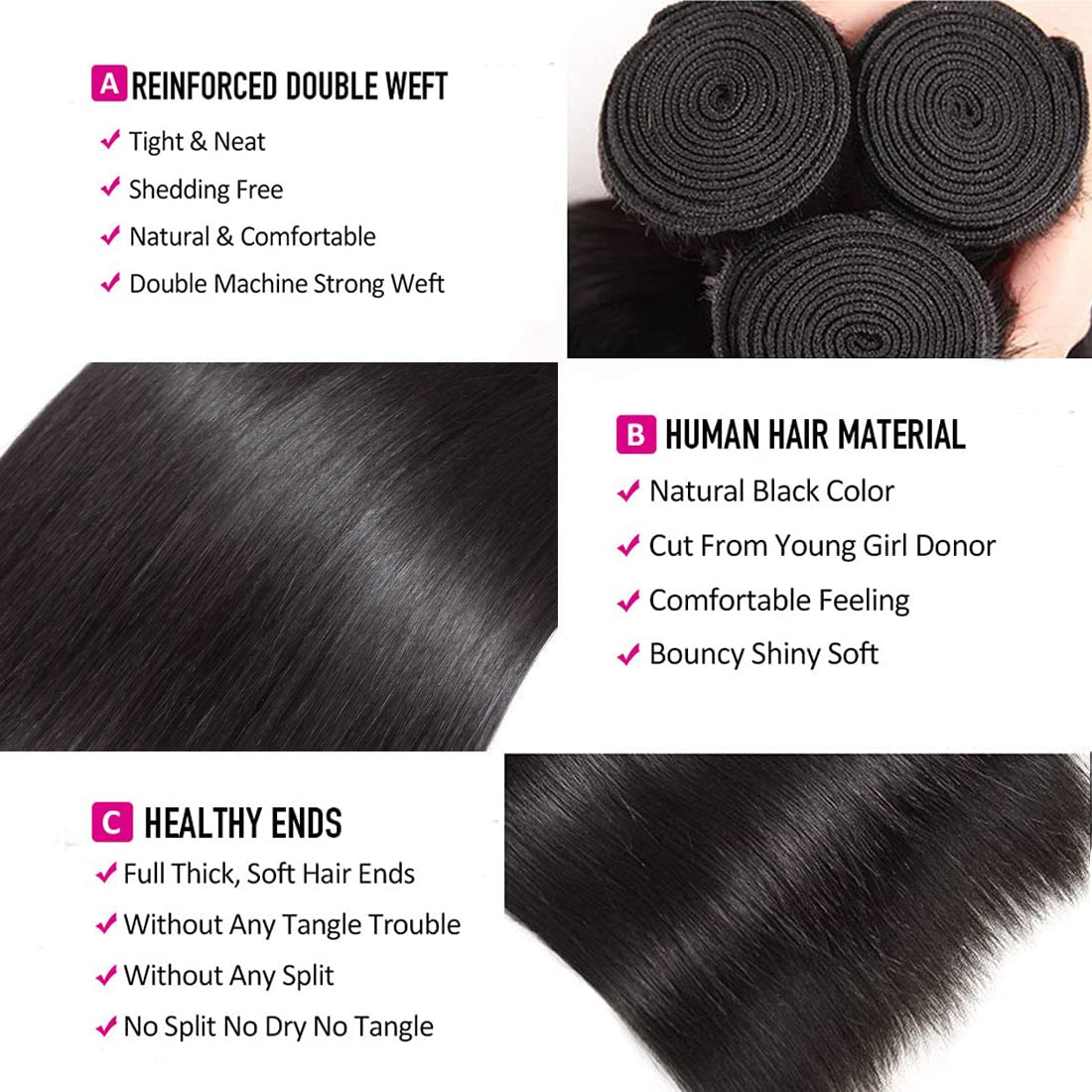 AngelBella Brazilian Straight Human Hair Bundles 12-40 Inch 100% Unprocessed Virgin Straight Weave Bundles Deals Human Hair