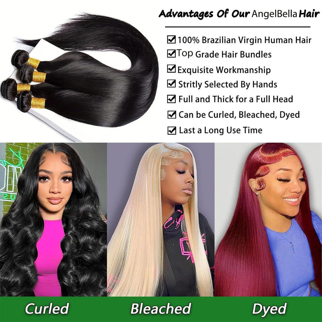 AngelBella Human Hair Bundles 12-32 Inch Straight Bundles Human Hair 100% Unprocessed Brazilian Remy Virgin Hair Extensions Raw Quick Weave Sew In Glossy Billion Hair Bundles Natural Black