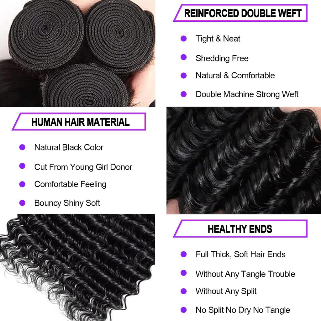 AngelBella Brazilian Deep Wave Human Hair Bundles 12-32 Inch 100% Unprocessed Brazilian Virgin Human Hair Weave Bundles Curly Wave Hair Extensions Natural Color