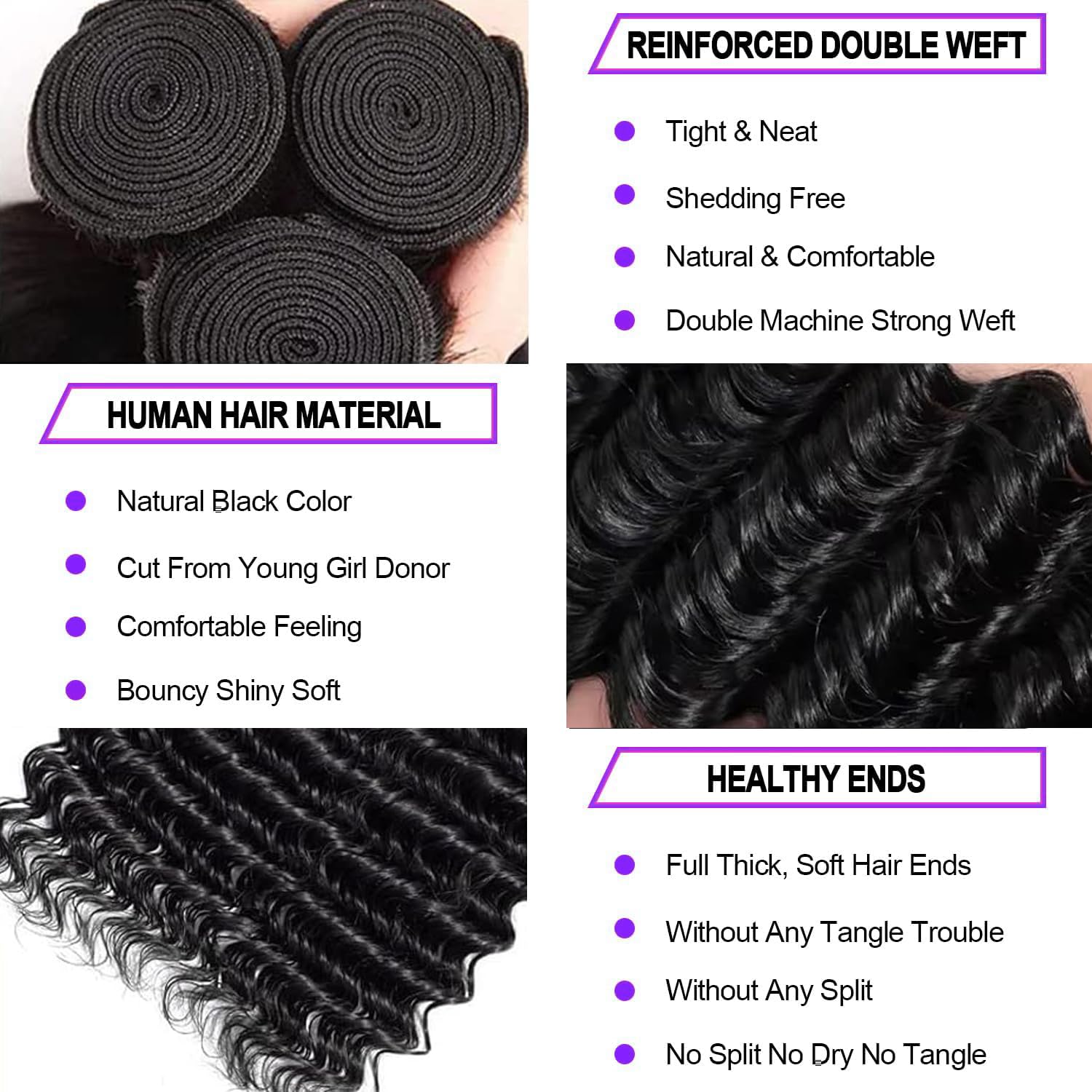 AngelBella Brazilian Deep Wave Human Hair Bundles 12-32 Inch 100% Unprocessed Brazilian Virgin Human Hair Weave Bundles Curly Wave Hair Extensions Natural Color