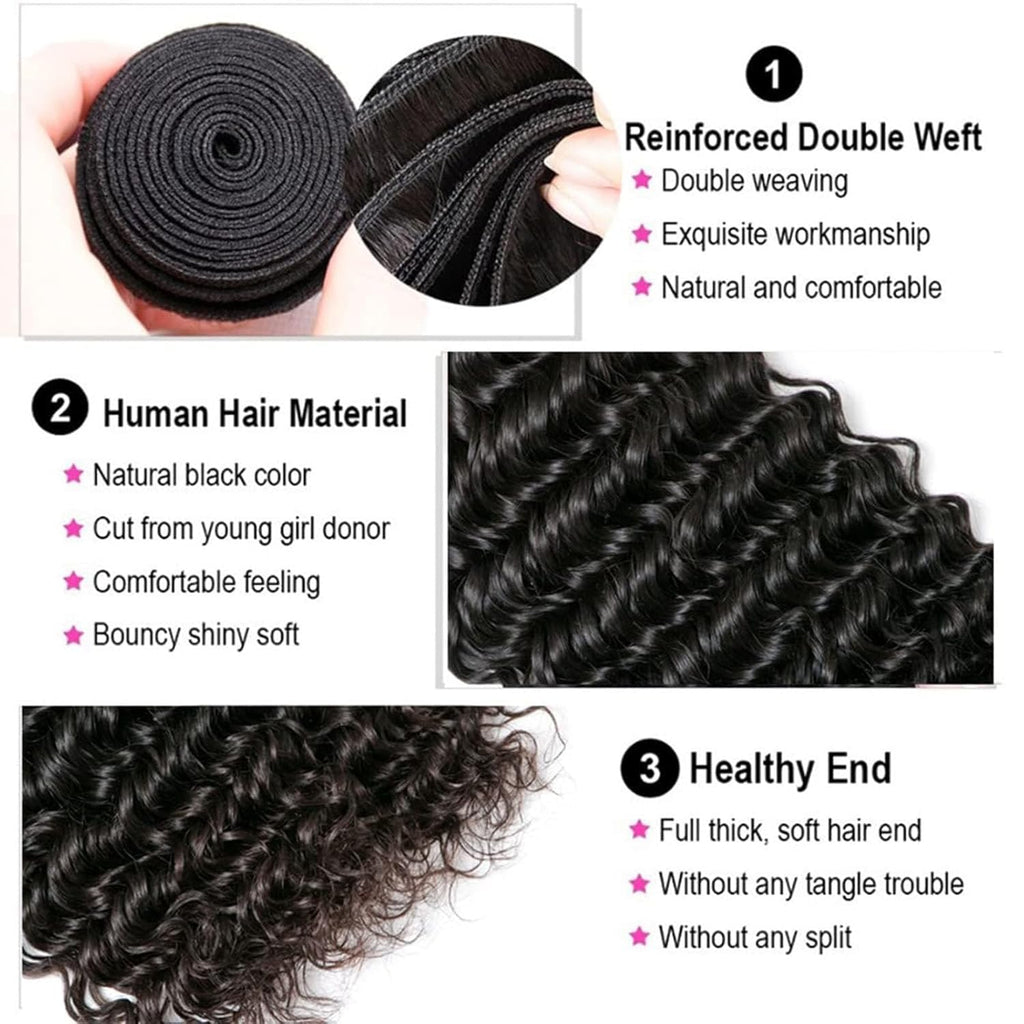 Human Hair Bundles Deep Wave 12-40 Inch Curly Bundle Human Hair 100% Unprocessed Brazilian Virgin Hair Bundles for Women Wet and Wavy Hair Bundle Weave Extensions Natural Black