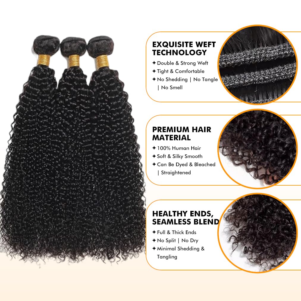 AngelBella Kinky Curly Hair Bundles 100% Human Hair Weave Bundles 12-40Inches 1 Pieces/Pack Black Color Quick Weave Sew in Extension Very Soft
