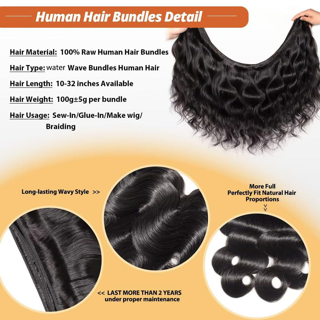 12A Human Hair Bundles 18 20 22 24 Inch Water Wave Bundles Human Hair 100% Unprocessed Brazilian Virgin Organique Quick Weave Bundle for Women Wet and Wavy Human Hair Extensions Natural Black