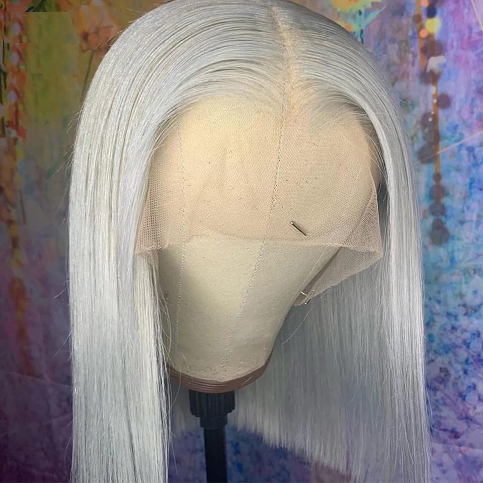 AngelBella Grey Bob Wigs Human Hair 13x4 Lace Front Wigs Glueless Brazilian Remy Hair Straight for Women 10-16 Inch Pre Plucked Natural Hairline 180% Density Grey Transparent Lace Frontal Short Bob Wigs