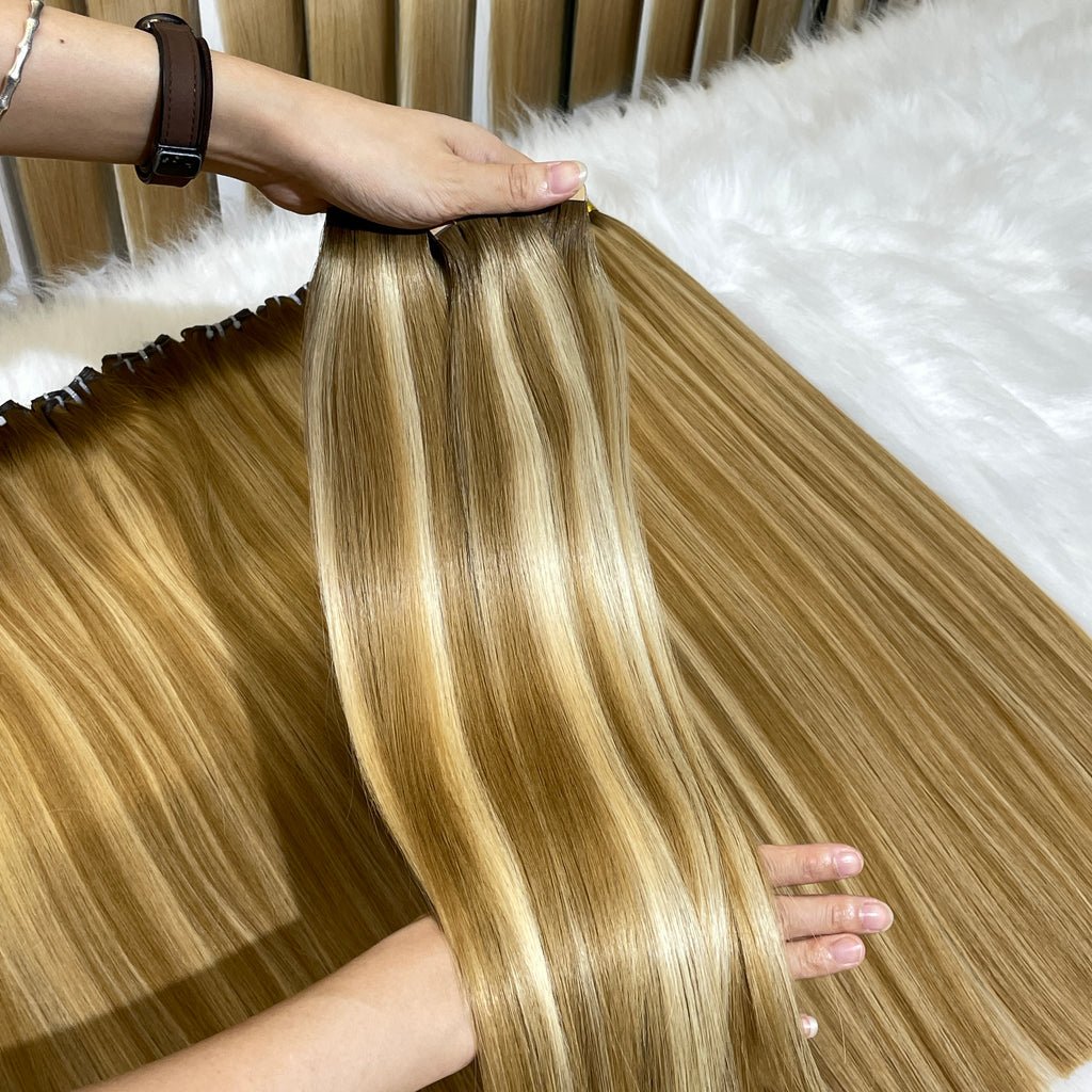 AngelBella Tape In Hair Extensions Human Hair, Balayage, 50g 20pcs, Skin Weft Seamless Invisible, Silky Straight with Thick Ends, European oned onor raw hair