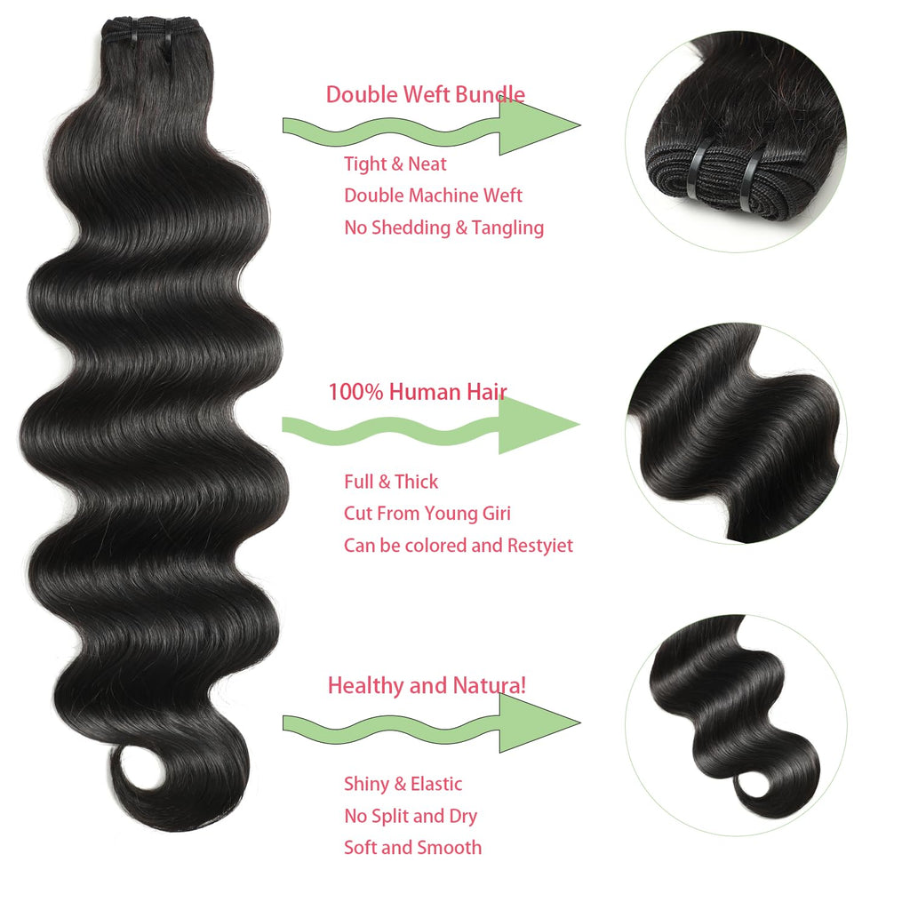 Angelbella Human Hair Bundles 8-40 Inch Body Wave Bundles Human Hair 100% Unprocessed Brazilian Virgin Hair 1 Bundles Double Weft Hair Extensions for Black Women Natural Black