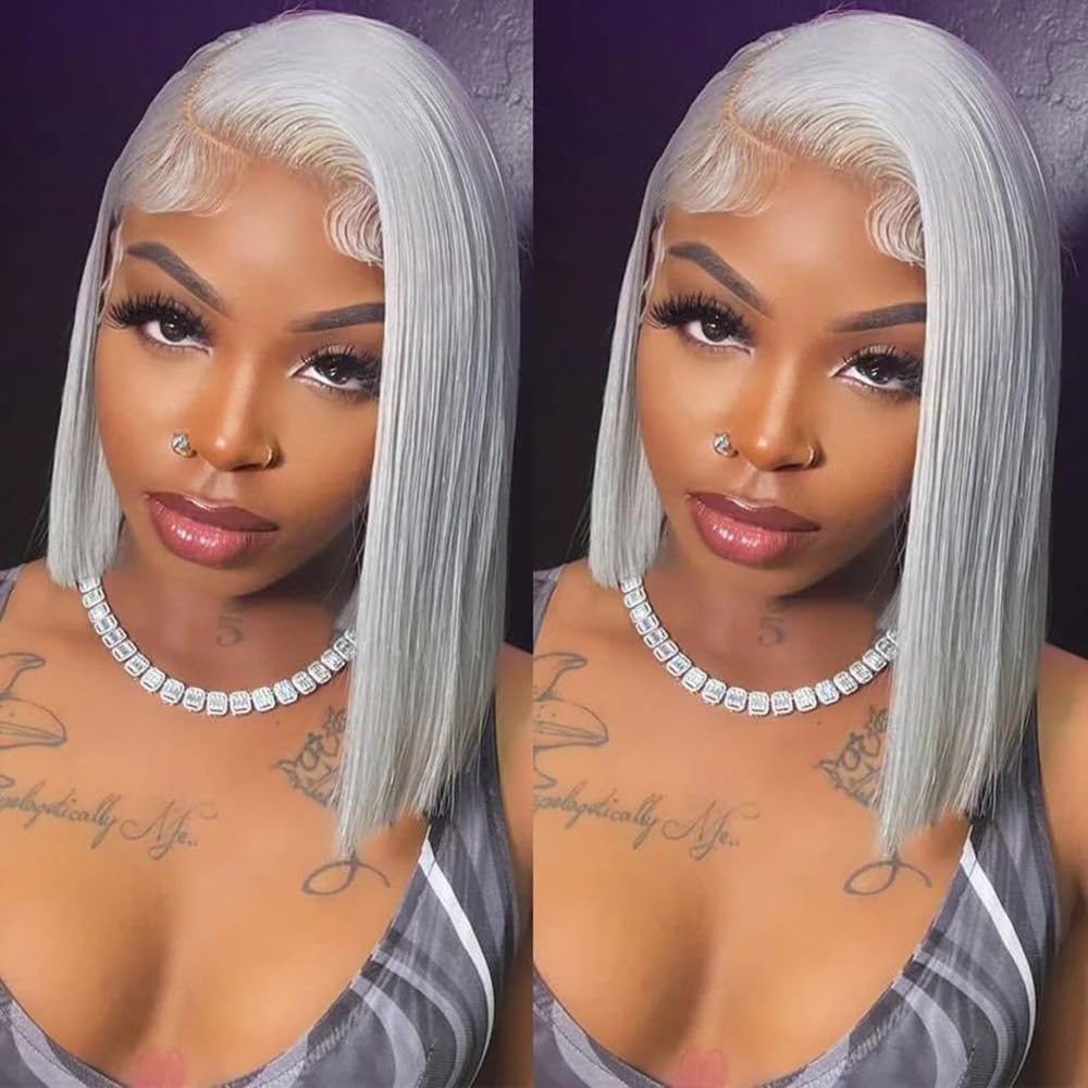 AngelBella Grey Bob Wigs Human Hair 13x4 Lace Front Wigs Glueless Brazilian Remy Hair Straight for Women 10-16 Inch Pre Plucked Natural Hairline 180% Density Grey Transparent Lace Frontal Short Bob Wigs