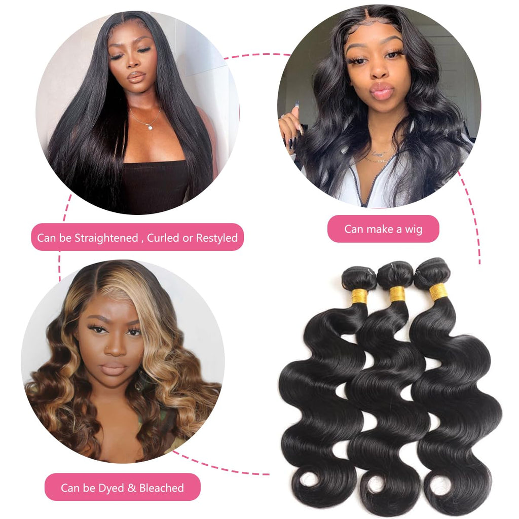 Body Wave Bundles Human Hair 12 14 16 18 20 22 24 26 30 32 40 Inch Human Hair Bundle 100% Unprocessed Brazilian Virgin Hair Bundles Human Hair Extensions for Black Women Natural Color