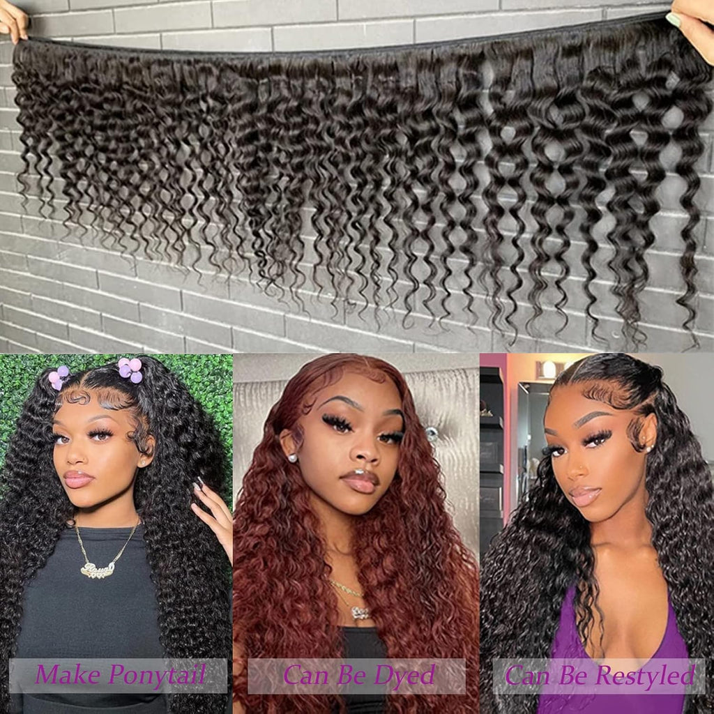 Human Hair Bundles Deep Wave 12-40 Inch Curly Bundle Human Hair 100% Unprocessed Brazilian Virgin Hair Bundles for Women Wet and Wavy Hair Bundle Weave Extensions Natural Black