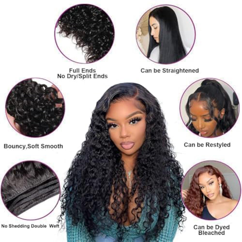 Angelbella 12-40 Inch Water Wave Human Hair Bundles 100% Unprocessed Curly Brazilian Virgin Hair Wet And Wavy Bundles Human Hair Extensions Natural Black