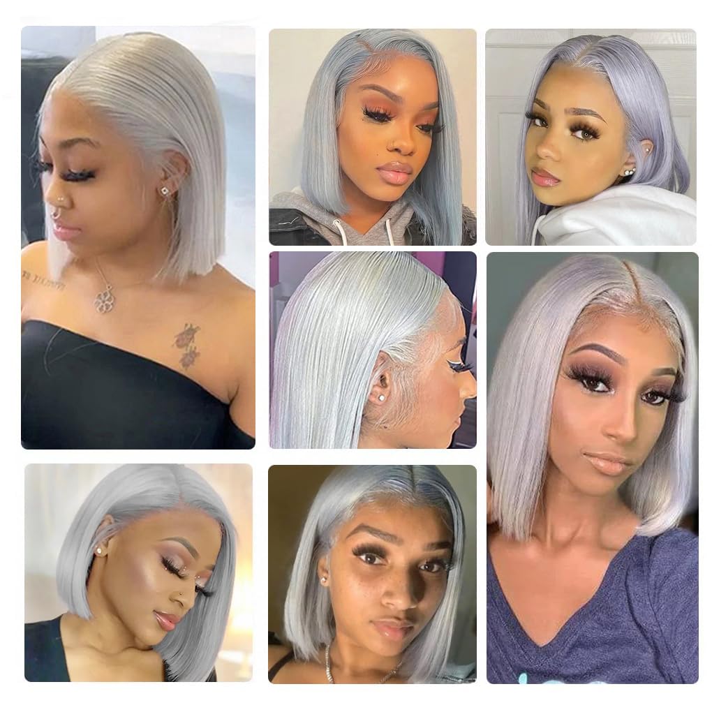 AngelBella Grey Bob Wigs Human Hair 13x4 Lace Front Wigs Glueless Brazilian Remy Hair Straight for Women 10-16 Inch Pre Plucked Natural Hairline 180% Density Grey Transparent Lace Frontal Short Bob Wigs