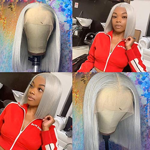 AngelBella Grey Bob Wigs Human Hair 13x4 Lace Front Wigs Glueless Brazilian Remy Hair Straight for Women 10-16 Inch Pre Plucked Natural Hairline 180% Density Grey Transparent Lace Frontal Short Bob Wigs