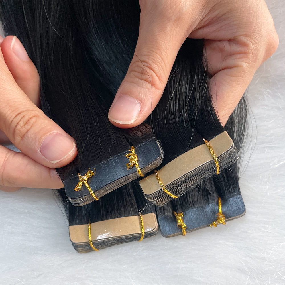 AngelBella Tape In Hair Extensions Human Hair, dark color, 50g 20pcs, Skin Weft Seamless Invisible, Silky Straight with Thick Ends, European oned onor raw hair