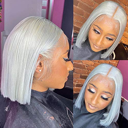 AngelBella Grey Bob Wigs Human Hair 13x4 Lace Front Wigs Glueless Brazilian Remy Hair Straight for Women 10-16 Inch Pre Plucked Natural Hairline 180% Density Grey Transparent Lace Frontal Short Bob Wigs