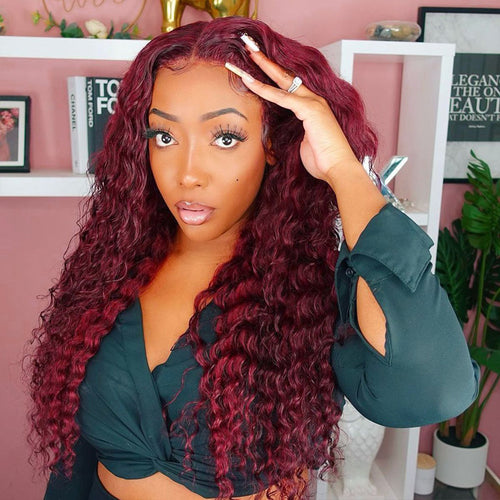 AngelBella DD Diamond Hair 13X4 Transparent Lace Frontal 99J# Deep Wave Human Hair Wigs