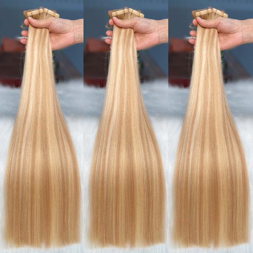 AngelBella Tape In Hair Extensions Human Hair, Balayage, 50g 20pcs, Skin Weft Seamless Invisible, Silky Straight with Thick Ends, European oned onor raw hair