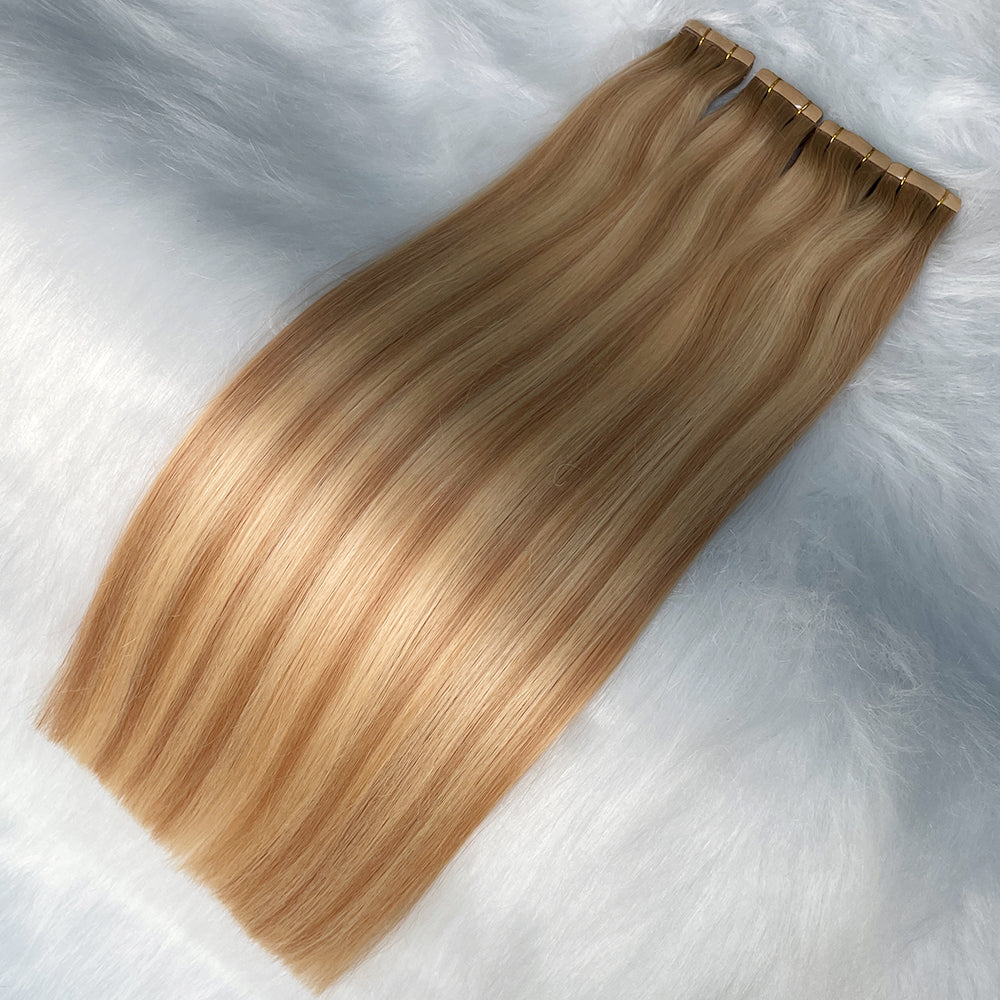 AngelBella Tape In Hair Extensions Human Hair, Balayage, 50g 20pcs, Skin Weft Seamless Invisible, Silky Straight with Thick Ends, European oned onor raw hair