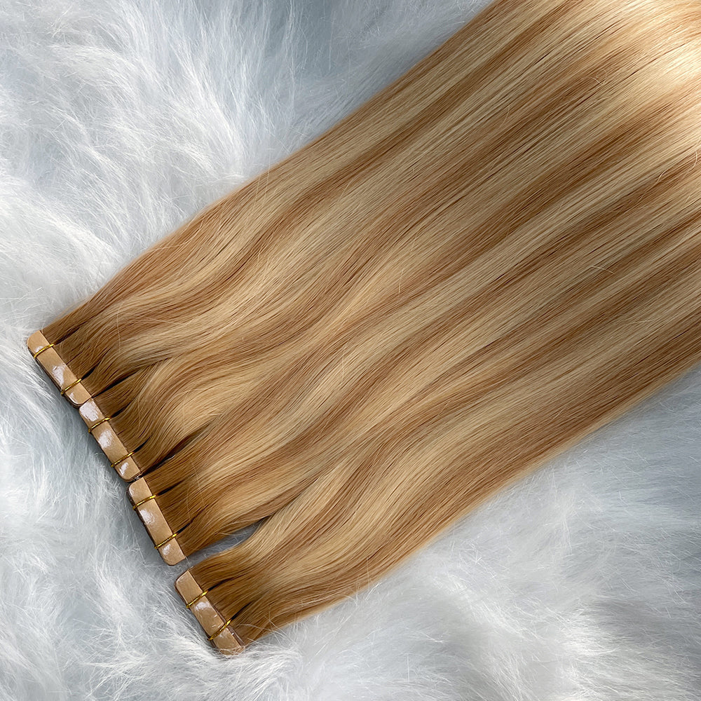 AngelBella Tape In Hair Extensions Human Hair, Balayage, 50g 20pcs, Skin Weft Seamless Invisible, Silky Straight with Thick Ends, European oned onor raw hair
