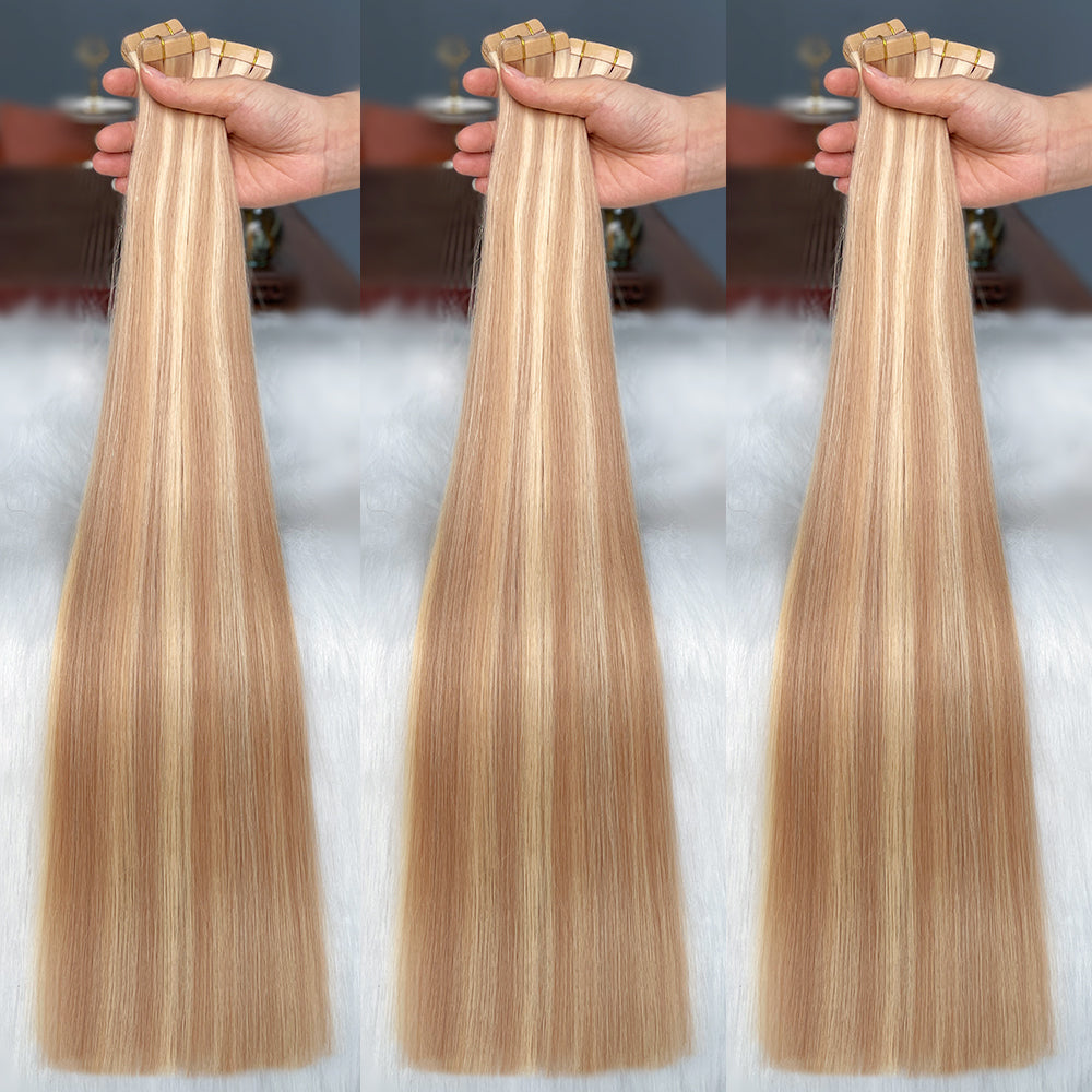 AngelBella Tape In Hair Extensions Human Hair, Piano, 50g 20pcs, Skin Weft Seamless Invisible, Silky Straight with Thick Ends, European oned onor raw hair