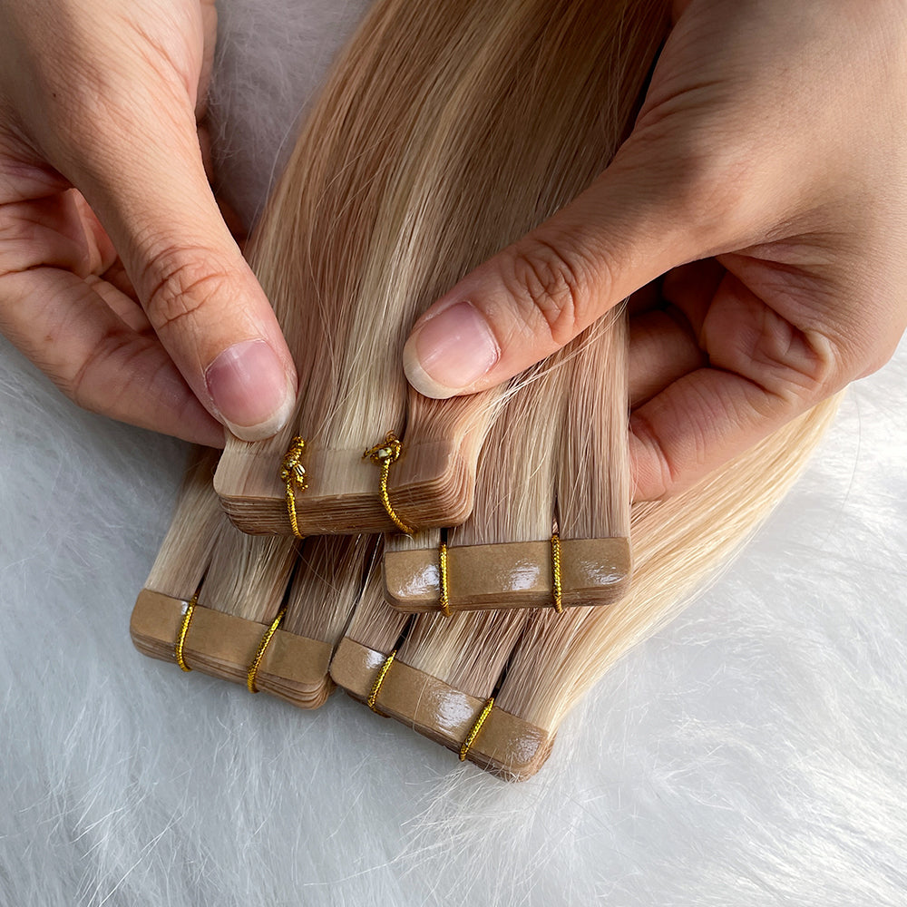 AngelBella Tape In Hair Extensions Human Hair, Piano, 50g 20pcs, Skin Weft Seamless Invisible, Silky Straight with Thick Ends, European oned onor raw hair