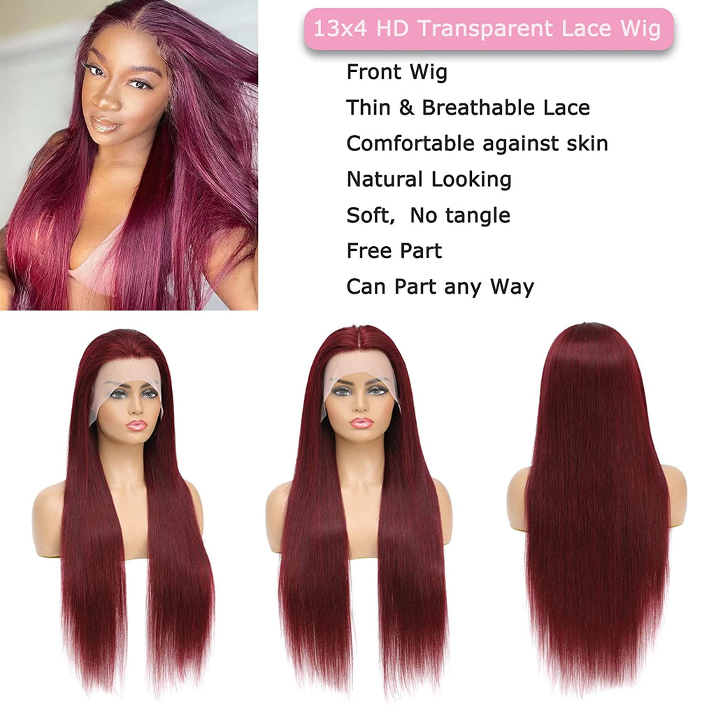 AngelBella DD Diamond Hair 13X4 Transparent Lace Frontal 99J# Straight Human Hair Wigs